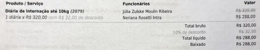 Nota da clínica: uma diária de internação até 10 kg, R$ 320,00 com R$ 32,00 de desconto, total R$ 288,00.