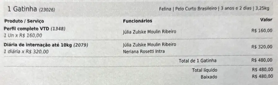 Nota da clínica: perfil completo VTD, R$ 160,00, e uma diária de internação, R$ 320,00, total R$ 480,00.