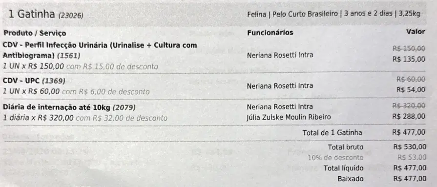Nota da clínica: perfil de infecção urinária R$ 135,00, UPC R$ 54,00 e uma diária R$ 288,00, total R$ 477,00.